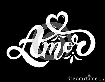 Amor. `Love` in Portuguese. Hand drawn lettering. Cartoon Illustration