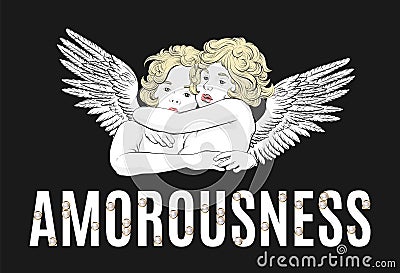 Amorousness. Vector hand drawn illustration of hugging cupids . Vector Illustration