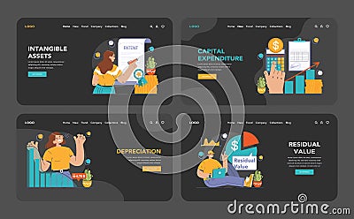 Amortization and depreciation set. Calculating the value for business assets Cartoon Illustration