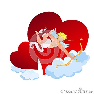Amour or Cupid with Golden Bow and Arrow in Sky Vector Illustration