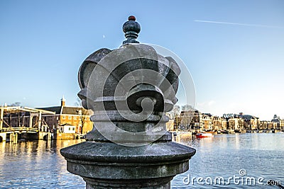 Amous sculptures of Amsterdam city centre. General landscape view of city monuments & art objects. Editorial Stock Photo