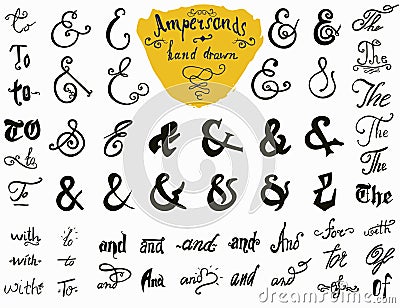 Ampersands and Catchwords hand drawn set for Logo and Label Designs. Vintage Style Hand Lettered symbols collection isolated on wh Vector Illustration