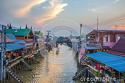 Amphawa district,Samut Songkhram Province,Thailand on April 12,2019:Attractive scene of Amphawa Floating Market. Editorial Stock Photo