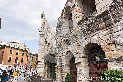 The amphitheatre, completed in 30AD, the third largest in the world, at dusk time. Piazza Bra and Roman Arena in Verona Editorial Stock Photo