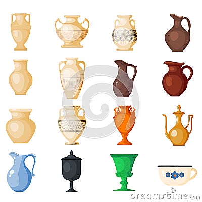 Amphora amphoric ancient greek vases and symbols of antiquity and Greece illustration set isolated on white background Cartoon Illustration