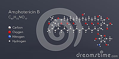amphotericin b molecule 3d rendering, flat molecular structure with chemical formula and atoms color coding Stock Photo