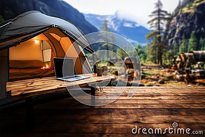 Ample desk space paired with a camping themed background Stock Photo