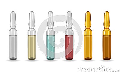 Ampoule. Set of ampoules of different colors. Hermetically sealed glass vessel, intended for storage of medicinal preparations. Me Cartoon Illustration