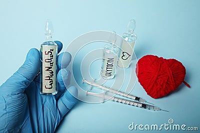 Ampoules with oxytocin, love hormone. Biochemistry in body Stock Photo