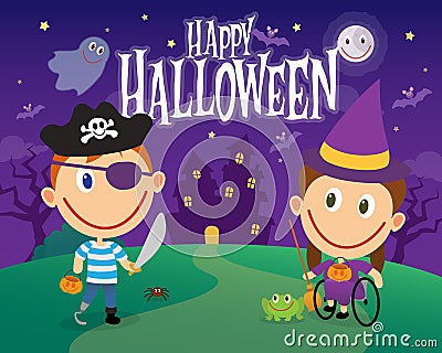 Amputee boy and wheelchair girl dressed as frankenstein and witch on halloween night Vector Illustration