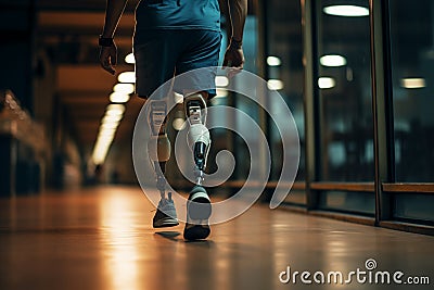 Unrecognizable Amputee Sportsman Walking with Bionic Prosthetic Legs Stock Photo