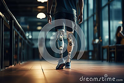 Unrecognizable Amputee Sportsman Walking with Bionic Prosthetic Legs Stock Photo
