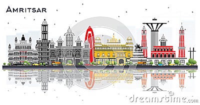 Amritsar India City Skyline with Gray Buildings and Reflections Isolated on White Stock Photo