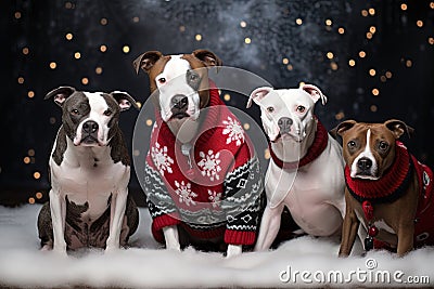 Amstaff dog family wearing ugly Christmas sweaters. Generative AI Stock Photo