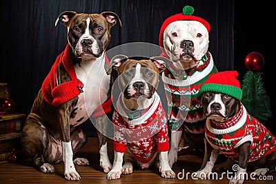 Amstaff dog family wearing ugly Christmas sweaters. Generative AI Stock Photo