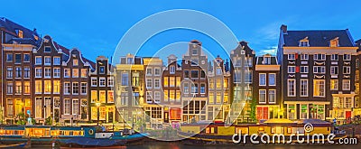 Amstel river, canals and night view of beautiful Amsterdam city. Netherlands Stock Photo