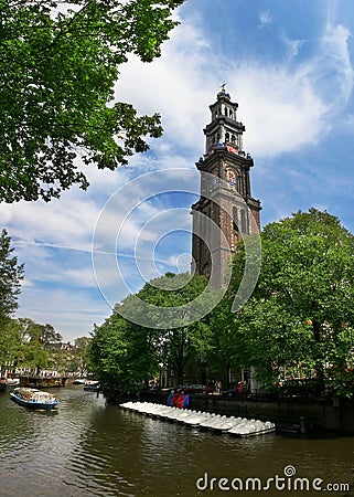 Amstel river and Westerkerk church in Amsterdam. Stock Photo