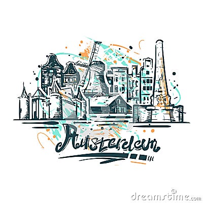 Amsterdam abstract color drawing. Amsterdam sketch vector illustration Cartoon Illustration