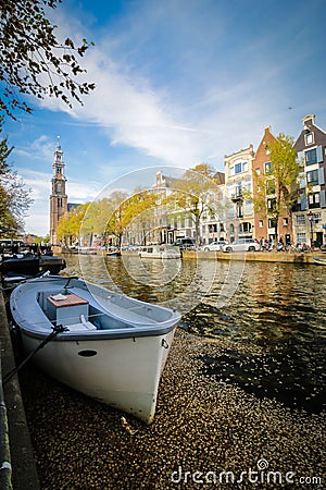 Amsterdam canal boat and streetscape, Netherlands Stock Photo