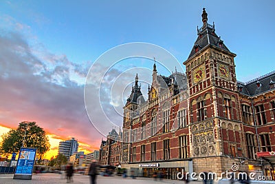 Amsterdam central station sunset Editorial Stock Photo