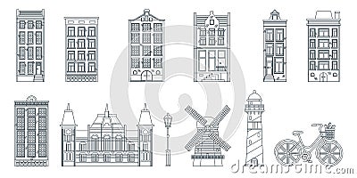 Amsterdam city buildings line art black white isolated icons. Vector illustration. Travel to Netherlands design elements Vector Illustration