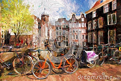 Amsterdam city in Holland, artwork in painting style Stock Photo