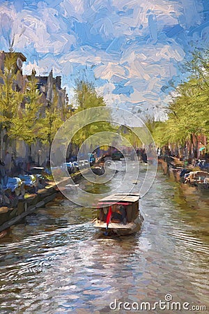 Amsterdam city in Holland, artwork in painting style Stock Photo
