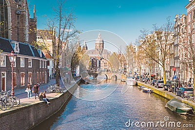 Amsterdam city in Netherlands with retro film vintage filter sty Editorial Stock Photo