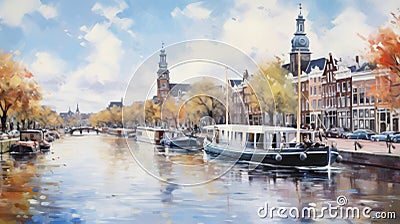 Amsterdam Elegance: Impressionistic Portrait of Tranquil Amstel River Stock Photo