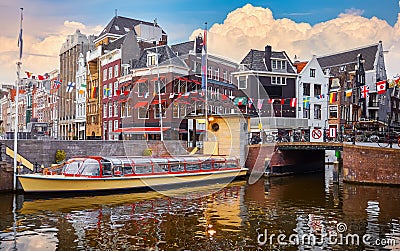 Amsterdam Holland Netherlands. Amstel river canals and boats Stock Photo