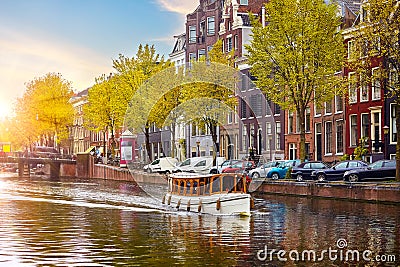 Amsterdam Holland Netherlands. Amstel river canals and boats Stock Photo