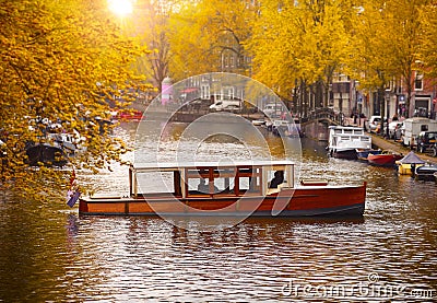 Amsterdam Holland Netherlands. Amstel river canals and boats Stock Photo