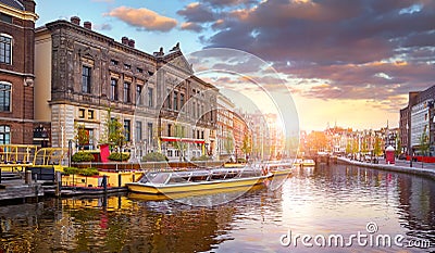 Amsterdam Holland Netherlands. Amstel river canals and boats Stock Photo