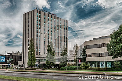 Courtyard marriott amsterdam hotel, Modern office buildings, business district Amsterdam Arena park, Southeast, moody cloudy sky Editorial Stock Photo