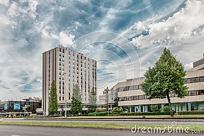 Courtyard marriott amsterdam hotel, Modern office buildings, business district Amsterdam Arena park, Southeast, moody cloudy sky Editorial Stock Photo