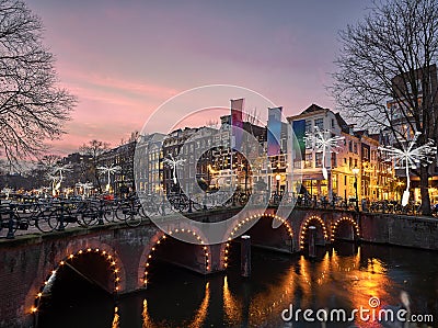 Amsterdam light festival Dandelions floating on the Herengracht Editorial Stock Photo