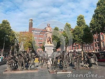 Amsterdam, Netherland - June 5 2019 Rembrandt statue on Rembrandtplein Rembrandt Square both named after the famous painter Editorial Stock Photo