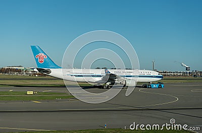 AMSTERDAM, NETHERLAND - NOVEMBER 28, 2016: B-6515 Airbus A330 China Southern Airlines Ready to take off in Amsterdam Airport Schip Editorial Stock Photo