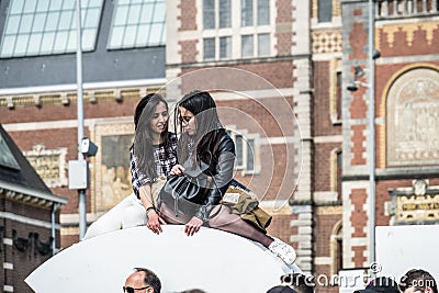 Amsterdam , Netherlands - April 31, 2017 : Asian lady enjoying their holiday on the I Amsterdam letters Editorial Stock Photo