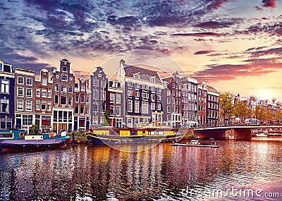 Amsterdam, Netherlands. Houseboats, dancing houses Editorial Stock Photo