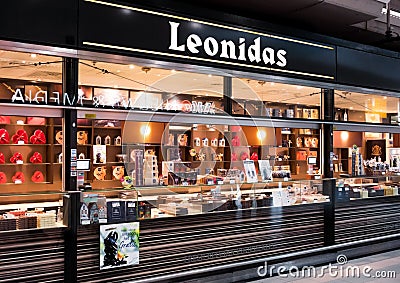 AMSTERDAM, NETHERLANDS - JULY 18, 2018: Leonidas Chocolate store at Schiphol Plaza, shop exterior Editorial Stock Photo