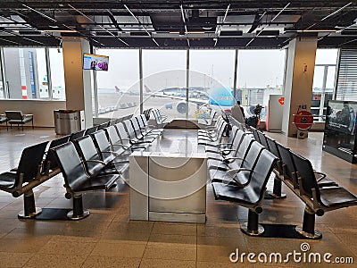 Amsterdam Netherlands March 2021, empty terminal at Schiphol airport Amsterdam during covid 19 corona outbreak pandemic Editorial Stock Photo