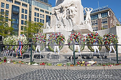 Wreaths at the National Monument on the occasion of remembrance of the worldwar II in Editorial Stock Photo