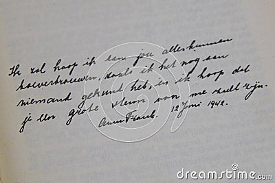 Amsterdam, Netherlands. October 2023.Excerpts from the diary of Anne Frank. Editorial Stock Photo