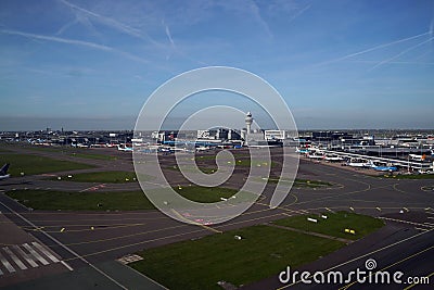 AMSTERDAM, NETHERLANDS - OCTOBER 26 2022: Schiphol Airport in Amsterdam, aerial view after taking off Editorial Stock Photo