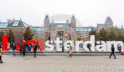 The Rijksmuseum Amsterdam museum area with the words IAMSTERDAM in Amsterdam Editorial Stock Photo