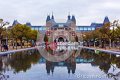 The Rijksmuseum Amsterdam museum area with the words IAMSTERDAM in Amsterdam Editorial Stock Photo