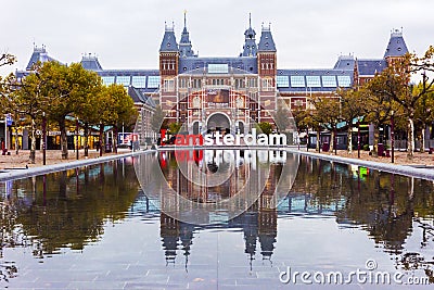 The Rijksmuseum Amsterdam museum area with the words IAMSTERDAM in Amsterdam Editorial Stock Photo