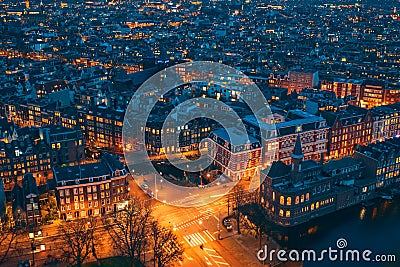 Amsterdam night city skyline aerial view from above, Amsterdam, Netherlands Stock Photo