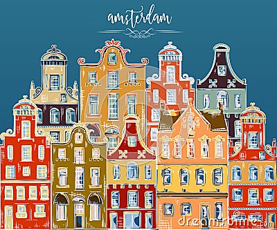 Amsterdam. Old historic buildings and traditional architecture of Netherlands. Vector Illustration